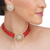 Basant Gold Plated Zircon Pearl Coral Choker Set