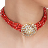 Basant Gold Plated Zircon Pearl Coral Choker Set