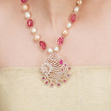 Basant Rose Gold  Plated Zircon Tourmaline Pearl Necklace Set