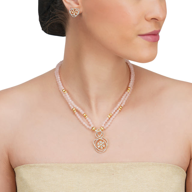 Basant Gold Plated Zircon Rose Quartz Necklace Set