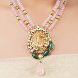 Gold Plated Poorak Kundan Rose Quartz Necklace Set
