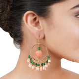 Gold Plated Carved Pink Coral Hoop Earrings