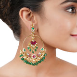 Gold Plated Red Kundan Green Onyx Hoop Earrings