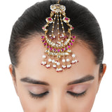 Gold Plated Red White Kundan Pearl Jhoomar