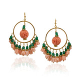 Gold Plated Carved Pink Coral Hoop Earrings
