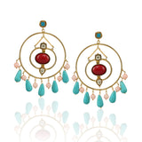 Gold Plated Bala Kundan Coral Turquoise Hoop Earrings