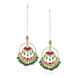 Gold Plated Red Kundan Green Onyx Hoop Earrings