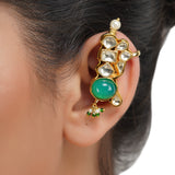 Gold Plated Kundal Green Onyx  Kundan Flower Earcuff Pair