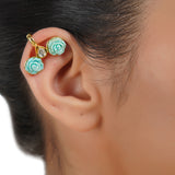 Gold Plated Kundal Turquoise Carved Flower Earcuff Pair