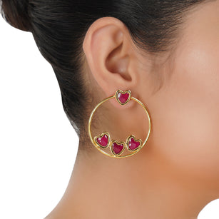 Gold Plated Balan Red Kundan Heart Hoops