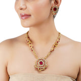 Gold Plated Barsaat Red Kundan Flower Pendant Set