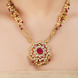 Gold Plated Barsaat Red Kundan Flower Pendant Set