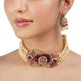 Gold & Silver Plated Barsaat Zircon Ruby Pearl Choker Set