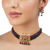 Gold Plated Barsaat Kundan  Blue Red Choker Set