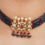 Gold Plated Barsaat Kundan  Blue Red Choker Set