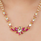 Gold Plated Lotus Kundan Pearl Necklace Set