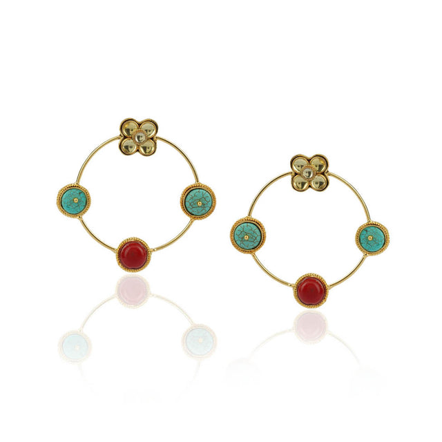 Gold Plated Balan Kundan Floret Coral Turquoise Hoops