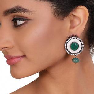 SILVER PLATED SHRUTIPAT GREEN ZIRCON EARRINGS