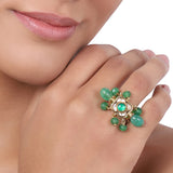 Gold Plated Green Onyx Kundan Ring