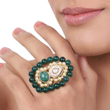 Gold Plated Kundan Green Onyx Ring