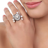 Silver Plated Kundan Pearl Ring