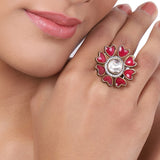 Gold Plated Red Flower Kundan Ring
