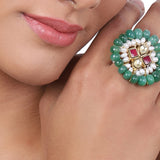 Gold Plated Kundan Green Onyx Ring