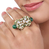 Gold Plated Kundan Green Onyx Ring
