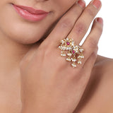 Gold Plated Kundan Pearls Ring
