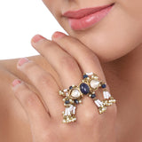 Gold Plated Kundan Blue Onyx Pearl Ring
