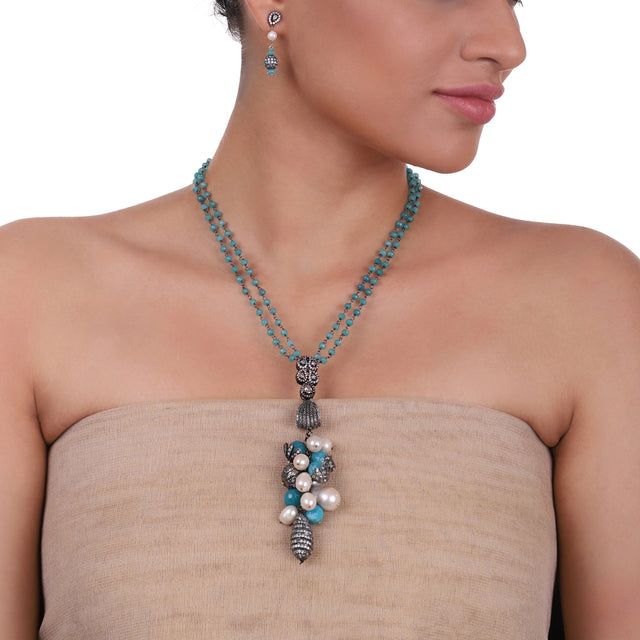 Silver Plated Celestial Pearl Turquoise  Necklace set