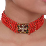 Gold Plated Pacchi Navrattan Coral Choker Set