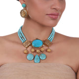 Gold Plated Sankranti Temple Turquoise Necklace Set