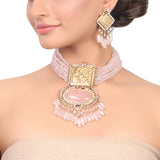 Gold Plated Manihaar Rose Quartz Necklace Set