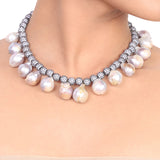 Silver Plated Samastham Baroque Pearls Zircon Beads Necklace Set