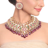 Gold Plated Red Green Kundan Peacock Necklace Set