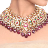 Gold Plated Red Green Kundan Peacock Necklace Set