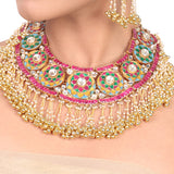 Gold Plated Navrattan Kundan Tassel Necklace Set