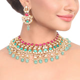Gold Plated Vivaah Green Red Kundan Necklace Set