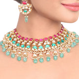 Gold Plated Vivaah Green Red Kundan Necklace Set