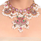Gold Plated Red Kundan Gutapasalu Peacock Necklace Set