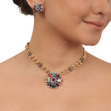Silver Plated Ganga Jamuna Navaratna Necklace Set
