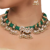 Gold Plated Valentine Kundan Green Necklace Set