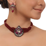 Silver Plated Valentine Kundan Red Necklace Set