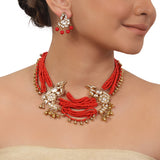 Gold Plated Valentine Coral Kundan Peacock Necklace Set