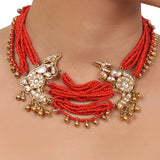 Gold Plated Valentine Coral Kundan Peacock Necklace Set