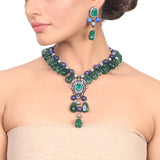Silver Plated Manihaar Zircon Lapiz Green Onyx Necklace Set